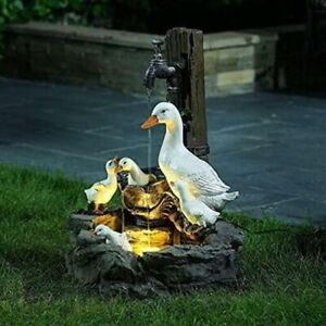 Duck Family Garden Fountain Duck Statue Landscap Decor with Light Solar Power