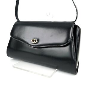 Vintage GUCCI Shoulder Bag Clutch Interlocking Purse Leather Black Authentic