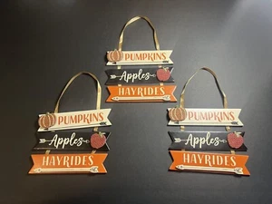 Lot of 3 Autumn Fall Pumpkins, Apples & Hayrides Hanging Wall Decor 4.75 x 5.75" - Picture 1 of 4