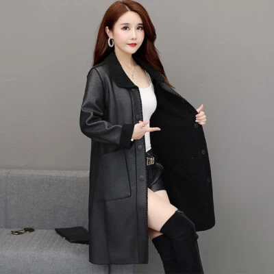 Lady Mid-length Faux Leather PU Jackets Coats Fleece Sherpa Lined Casual Fashion - Image 1 of 4