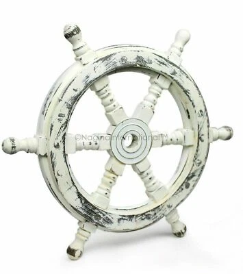 Ancienne roue de bateau en bois artisanal nautique blanc 18" - cadeau décorat... - Photo 1/4
