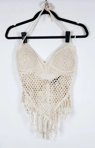 Sans Souci Fringe Halter Top Crochet Mesh White Festival Hippie Bohemian Beach - Picture 1 of 9