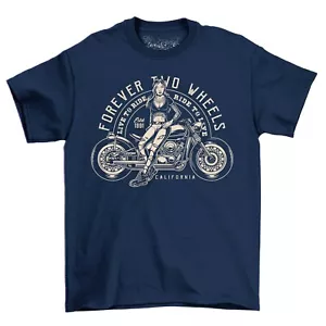 Forever Wheels Girl Biker Unisex T-Shirt Motorcycle Café Racer Short Sleeve Top - Picture 1 of 6