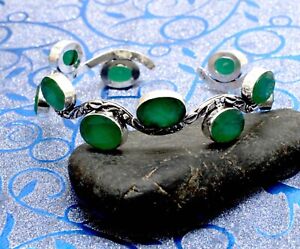 925 Sterling Silver Green Emerald Gemstone Jewelry Cuff Bracelet Size-ADJ"