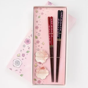 Matsukan Sakura Pair Chopsticks & Chopstick Rests Set Made in JP, Red & Black - Picture 1 of 3