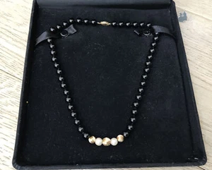 New 14K Onyx Pearl and Gold Bead Necklace Hand Knotted in Original Box - Picture 1 of 5