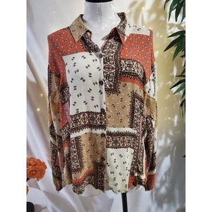 Mystree Patchwork Paisley Boho Button Long Sleeve Shirt Size L Hippie Country - Picture 1 of 10