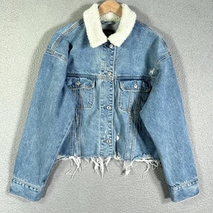 Abercrombie & Fitch Jacket Womens XL Sherpa Collar Denim Trucker Distressed Crop - Picture 1 of 13