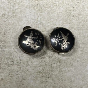 Retro Vintage Sterling Silver Siam Niello Thai Clip On Earrings Mekkala Goddess - Picture 1 of 8