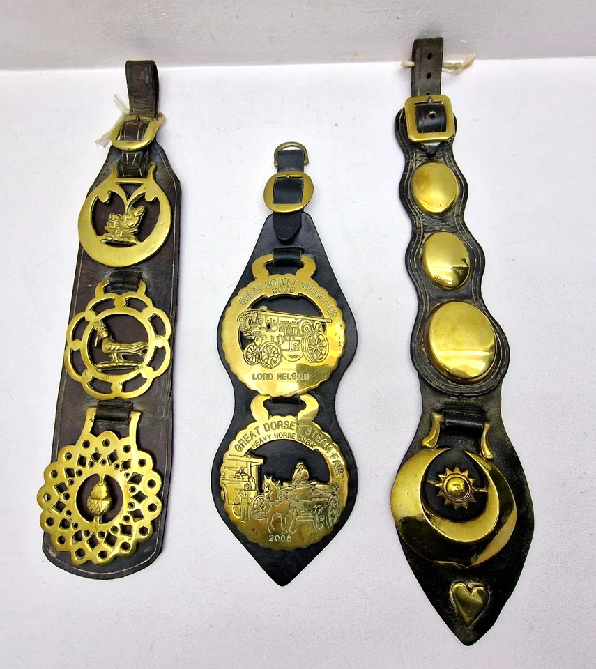 Vintage Horse Brasses On Leather Straps Great Dorset Steam Fair Sun Moon Acorn - Image 1 of 4