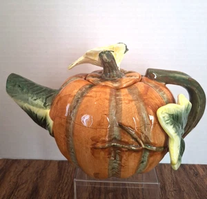 World Bazaars Inc Keramik Orange Kürbis Teekanne mit Deckel grüne Blätter - Bild 1 von 14