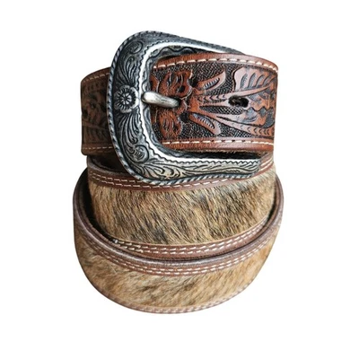Tooled Leather Belt Calf Hair Boho Western Brown Cowgirl Festival Size XS-S 32 - Image 1 of 4