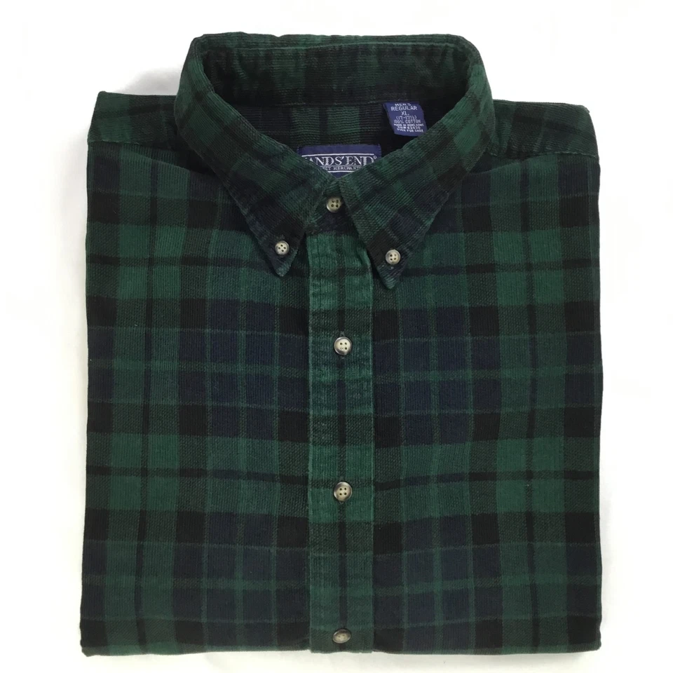 Lands End Mens Shirt XL Black Watch Plaid Corduroy Vintage 90s Long Sleeve Retro - Image 1 of 4