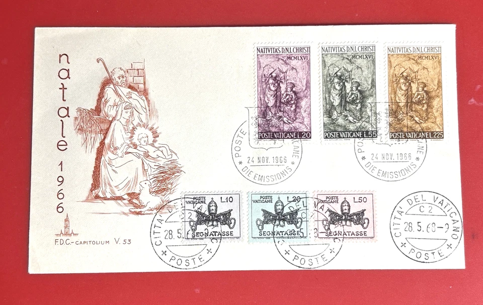 VATICAN CITY FDC 1966 CHRISTMAS SC#445-447 & POSTAGE DUES CANCELLED FIRST DAY - Image 1 of 1