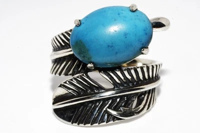Кольцо из стерлингового серебра 7,01 карата с бирюзой и пером огранки кабошон $395,925 - Изображение 1 из 4