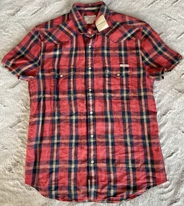 Lucky Brand Western Pearl Snap Shirt Mens M Red Plaid Short Sleeve NWT - Picture 1 of 10