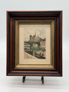 Splendida arte vintage Notre Dame della Senna Prin firmata da De La Brye e incorniciata. - Foto 1 di 10