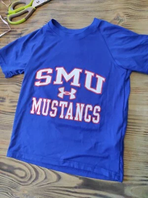 SMU Mustangs Shirt Under Armour Boys Youth XS 6 Blue red Short Sleeve Heat Gear  - Image 1 of 4