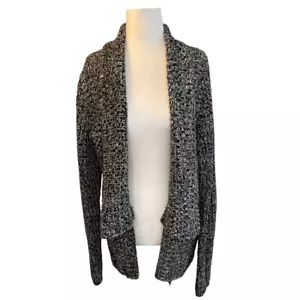 Bass Hand Knit Cardigan Sweater Black White Open Front Tweed Marl Knit Sz M - Picture 1 of 6