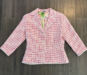 Blazer Vintage Lily Pulitzer Tweed Talla Pequeña Lino Forrado Seda Rosa y Blanco - Imagen 1 de 15