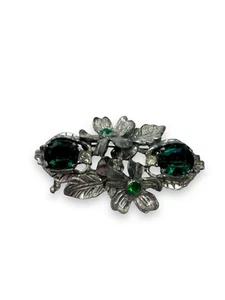 Paul Sargent 24KP Brooch With Green Clear Crystals Floral Design - Picture 1 of 9