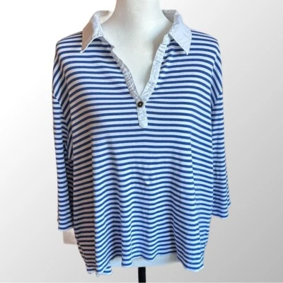 Lauren Ralph Lauren女式3X蓝色和白色条纹卷袖POLO恤 — 第 1/4 张图片