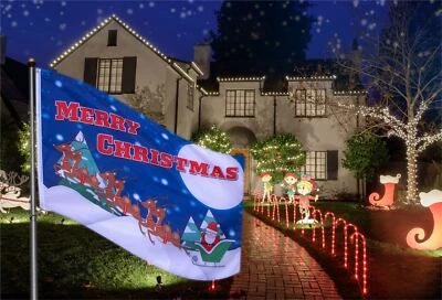 Christmas Flags Large 5 x 3 ft Santa Claus Happy Merry Xmas Blue Indoor Outdoor - Image 1 of 3