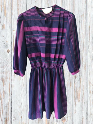 Vestido Jonathan Martin Vintage a Rayas Manga 3/4 Plisado Estilo Años 80 Magenta Talla 6 Foto 1 de 4