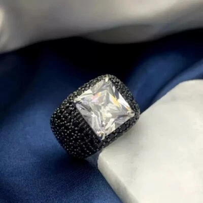 6 ct Created Radiant & Round Cut Black & Diamond Engagement Ring 14k Gold Plated - Image 1 of 3