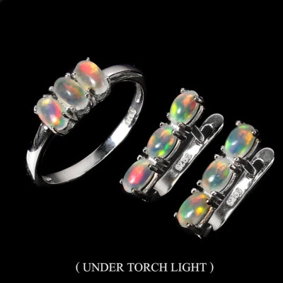 925 Argento Sterling Set Ovale Opale di Fuoco 5x3mm Naturale Gemma Gioielli - Immagine 1 di 4