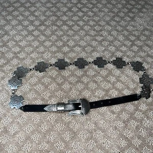 Tony Lama Damen Silber Kreuz Verziert Conch Schnalle Leder Gürtel Selten Gr. 38 - Bild 1 von 9