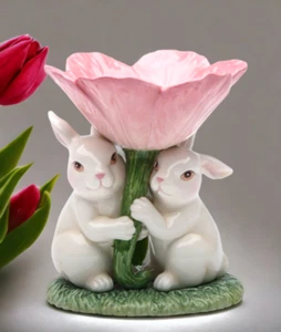 Ceramic Easter Bunny Rabbits with Pink Flower Candle Holder, Gift for Her, Gift - Picture 1 of 3