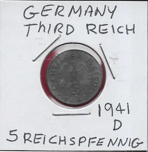 GERMANY THIRD REICH 5 REICHSPFENNIG 1941-D SWASTIKA BELOW THE EAGLE,DATE BELOW,L - Picture 1 of 2