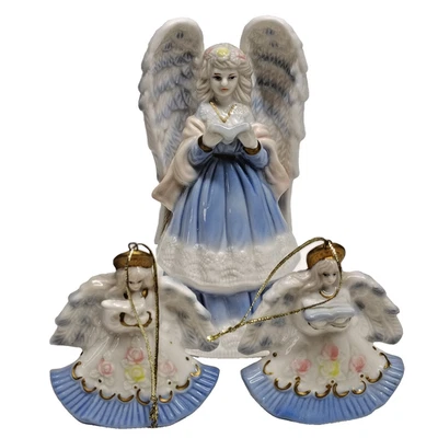 Sino de Natal anjo dourado pintado à mão (3 peças) sino de porcelana e enfeites harpa - Imagem 1 de 4