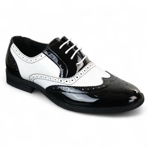 Men's Patent Lace-Up Black White Brogues Smart Shiny Party Dress Shoes - Picture 1 of 3