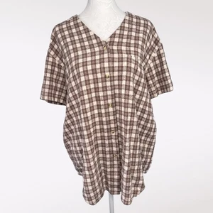 Vintage Noile Silk Exchange Rohseide Top braun creme kariert V-Ausschnitt Medium - Bild 1 von 9