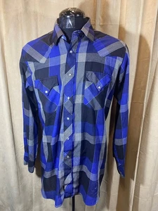 Camisa Para Hombres De Colección Años 70 Prior Western 17 XL Azul Cuadros L/S Poliéster/Cuna Perla Broches de presión - Imagen 1 de 6
