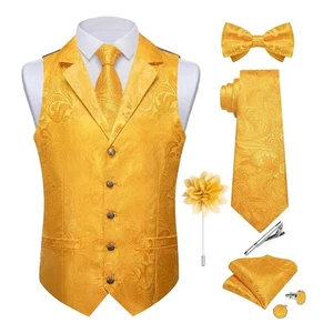 DiBanGu Mens Formal Silk Vest/Tie/Pocket Square/Lapel Pin/Cufflinks Set YELLOW M - Picture 1 of 4
