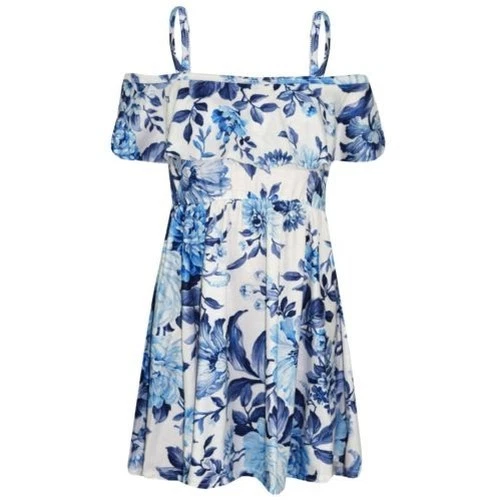 Niñas Vestido Patinador Niños Azul Floral Verano Fiesta Vestidos Hombro Descubierto 7-13 Años Foto 1 de 1