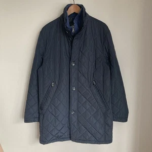 Mens Quilted Jacket Size 38 Blue Mid Length Corduroy Mock Neck Smart Double Vent - Picture 1 of 10