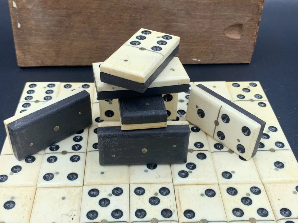 Antique Prisoners of War POW Hand Carved Dominoes Brass Pin Full Set 28 Pieces - Image 1 of 4