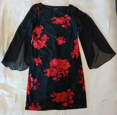 Connected Apparel Dress Women 4 Black Red Floral Flock Black Sheer Flare Sleeves - Image 1 of 4