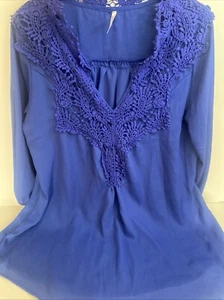 Lucky XXXL Bluse bestickt Ausschnitt blau 3/4 Arm V-Ausschnitt Chiffon gebraucht - Bild 1 von 8