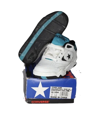NOS Vtg 90s Converse Power Game Lea Ox Basketball Shoes White Teal Child 12.5C - Image 1 of 4