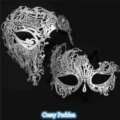 SN-A11 Luxury Couples Silver Metal Venetian Party Masquerade Masks w/ Rhinestone - Image 1 of 3