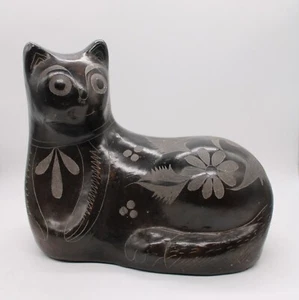 Large Black Ceramic Cat Statue - Hand Etched Design - Beautiful Piece 7.5" Tall - Picture 1 of 12