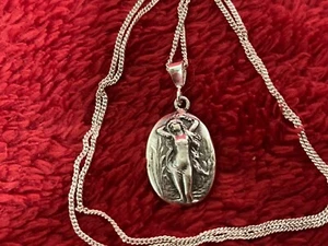Sterling silver art nouveau revival nude lady bather oval 18" pendant - Picture 1 of 4
