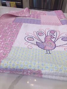 ELEPHANT ISLAND Twin Quilt Pink Paisley Green Peacock Purple Floral Embroidered