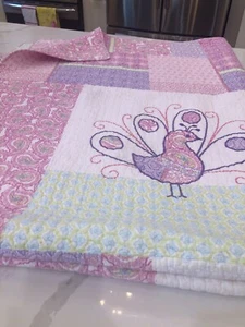 ELEPHANT ISLAND Twin Quilt Pink Paisley Green Peacock Purple Floral Embroidered - Picture 1 of 10