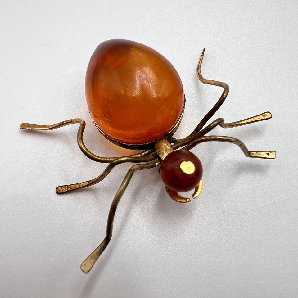 Vintage 1970s USSR Amber Spider Brooch Gold Plated Brass | Baltic Honey Amber | - Image 1 of 4